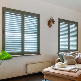 Huiskamer met groene shutters